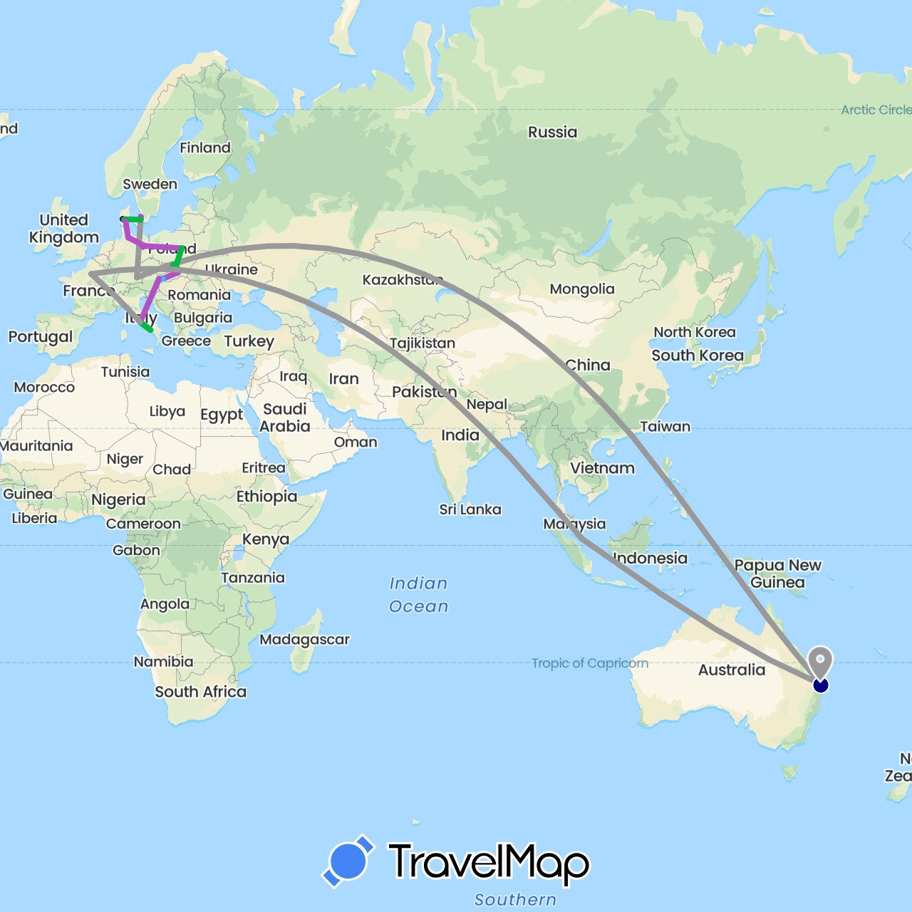 TravelMap itinerary: driving, bus, plane, train, boat in Austria, Australia, China, Germany, Denmark, France, Italy, Poland, Sweden, Singapore, Slovakia (Asia, Europe, Oceania)